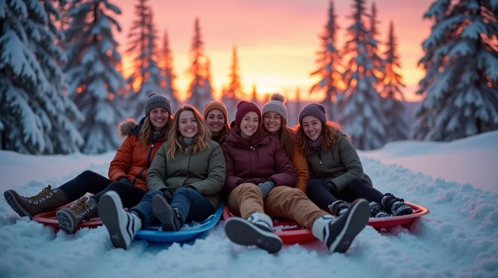 Group sledding at sunset