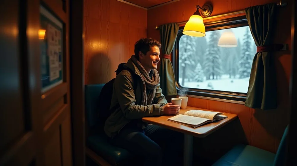 Man enjoying coffee on train
