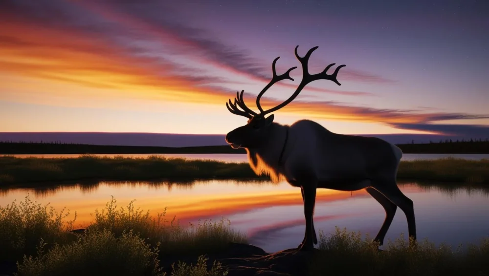 Reindeer by water at sunset