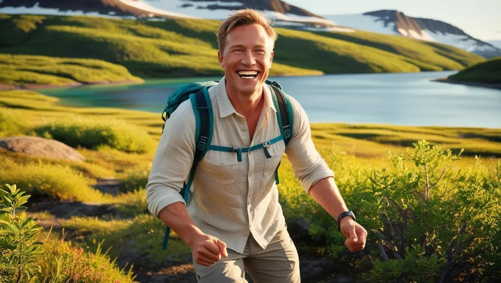 Smiling hiker in green mountain landscape