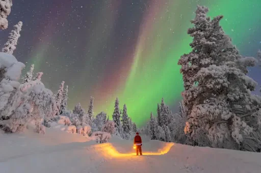 Snowy forest under northern lights.